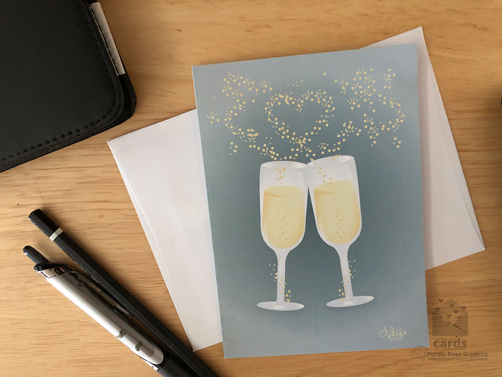 champagne flutes with bubbles rising out and forming a heart on teal gray background